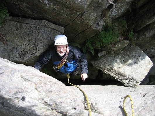 Emerging from the depths of the chimney on Pulpit Route. Instant exposure coming up!  © Dave Williams