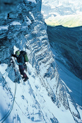 Luke Hughes on the Hinterstoisser Traverse, North Face of the Eiger.