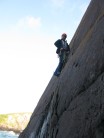 Jeremy starts off on The Crack - early morning at Porth-y-Ffynnon
