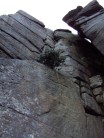 Wall End Holly Tree Crack, HS 4b at Stanage Plantation. Crack on the left is Wall End Flake Crack, VS 4C