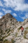 Tracey approaching rock tower on Cavall Bernat Ridge (3S) Boquer Valley, Mallorca, 04/03/10