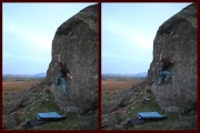 Ow. Utilising the crucial slanting inverted flared fingerlock on Rouse's Wall, Carrock Fell Boulders, Cumbria