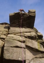 Pete O Donovan climbing Quietus, Stanage