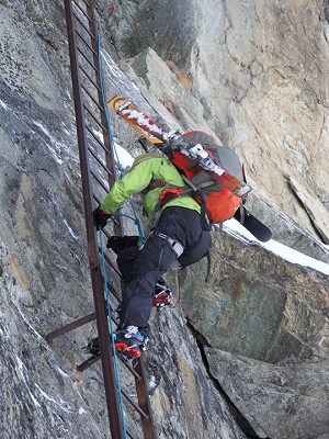 Sarah Stirling Climbing the Pas de Chevre Ladders on the Haute Route  © UKC News