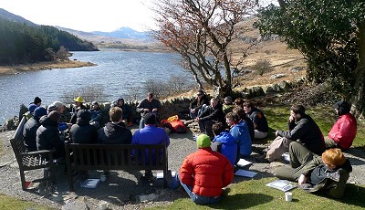 The Plas y Brenin grounds provide a lovely backdrop for talking gear (I'm in the fetching yellow Ortlieb hat).  © Mick Ryan - UKClimbing.com