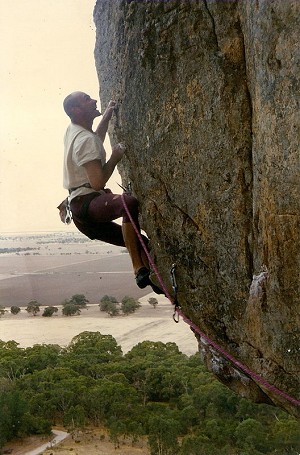 Ant Harris at the crux of "The Flashing Blade" 25 at Mt Arapiles, Western Victoria, Australia.  © Ant Harris