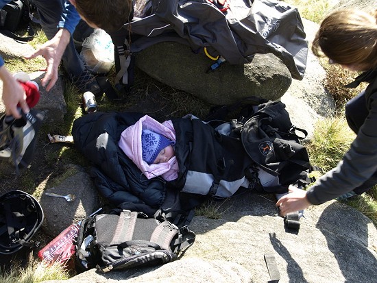 She's asleep! A climbing Dad whisks his rock shoes out  © Sarah Stirling