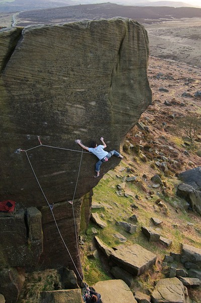 Neil Kershaw on possibly the first ground up ascent of Braille Trail E7, Burbage  © Adam Long