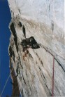 Tom Walker setting off on the very overhanging  1st pitch of Leaning Tower, Yosemite