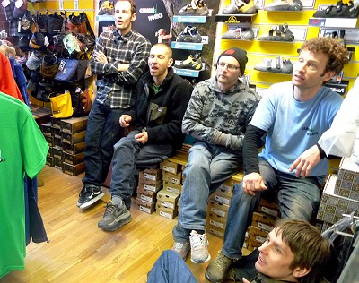 Routes setters Jason Pickles, Andy Long, Ian Vickers and Percy Bishton (Andy Earl seated).  © Mick Ryan - UKClimbing.com