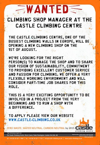 Wanted – Climbing Shop Manager at The Castle (Lon, Recruitment Premier Post, 3 weeks at £75pw  © Audrey Seguy