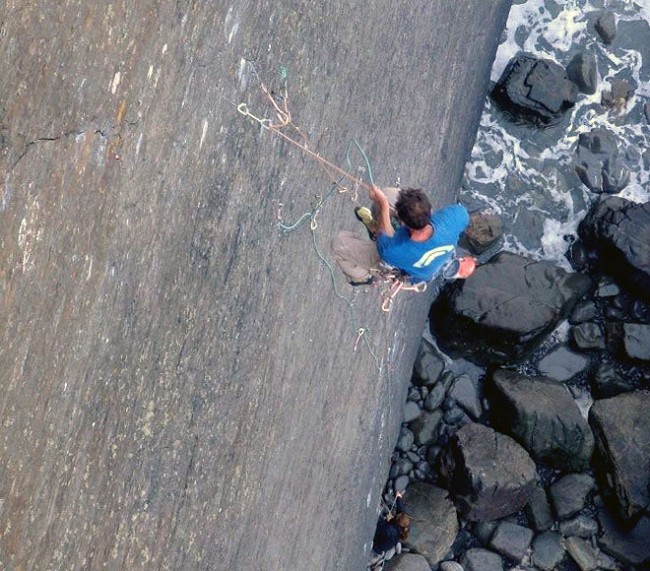 Dave Birkett  takes one of several whippers off The Walk of Life - E9 6c  © Andy Mitchell