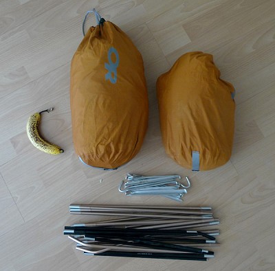 The Marmot Grid spilt into two stuff sacks, compression sacks are probably better.  © Mick Ryan