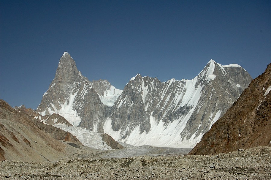 Tahu Ratum - The expedition will attempt the left hand ridge.  © Peter Thompson