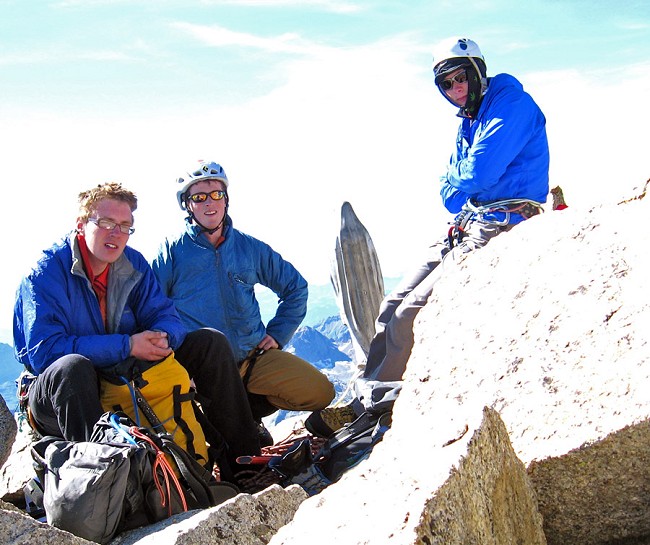 Tom Ripley, Hamish Dunn and Luke Hunt atop the Petit Dru after a one day ascent of its' North Face.  © Luke Hunt