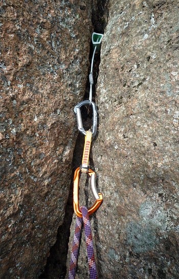 Lime quickdraw being used for trad climbing  © T. Archer