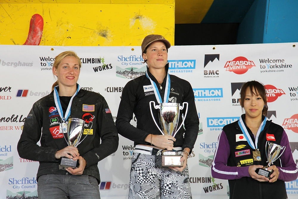 Women’s podium: 1st Chole Graftiaux (centre), 2nd Alex Johnson (left) and 3rd Akiyo Noguchi (right)  © Jack Geldard / UKC