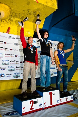 Men’s podium: 1st Adam Ondra (Czech), 2nd Cedric Lachat (Swiss) and 3rd Mykhaylo Shalagin (Ukraine)  © Keith Sharples Photography