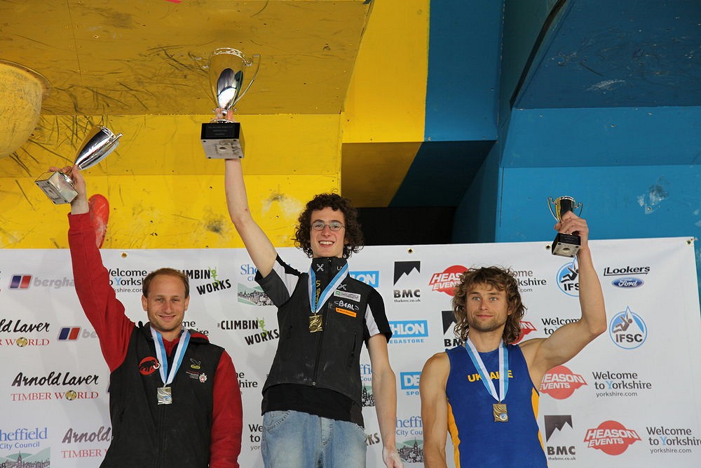 The men's podium - Cédric Lachat, Adam Ondra, Mykhaylo Shalagin  © Jack Geldard / UKC