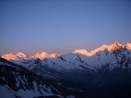 Dom, Allalinhorn, Taschorn, Alphubel etc at sun rise from Hohsaas Hut before climbing Weissmies