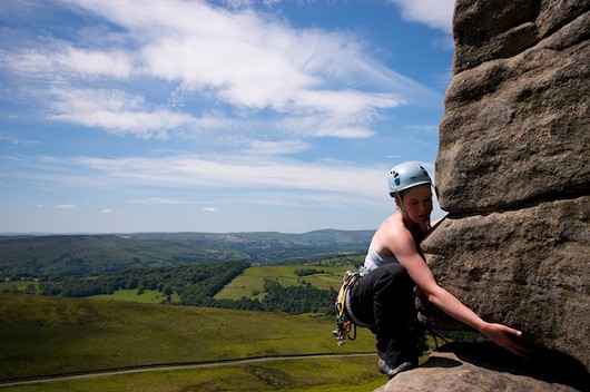 Becky figuring out Manchester Buttress.  © ColinD