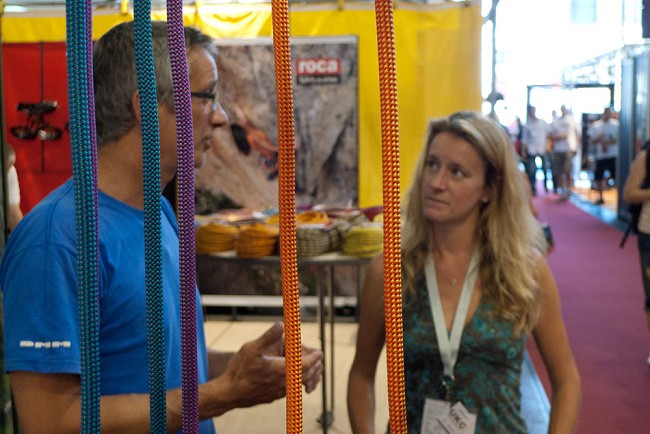 Chris Rowlands talking to Sarah Stirling about the new range of DMM ropes  © Alan James