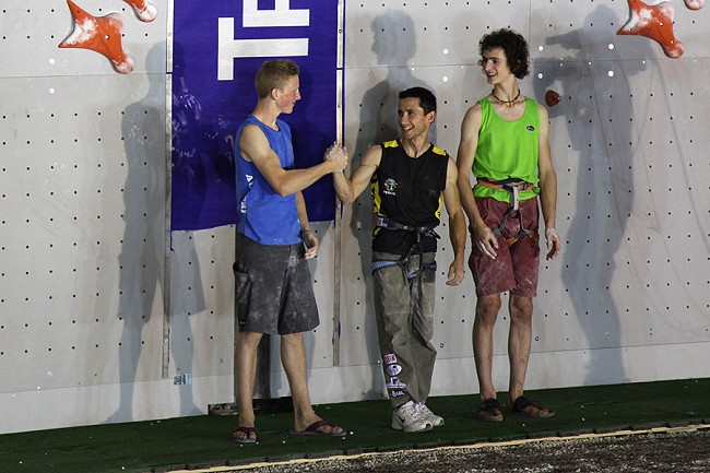 First and second place Puiblanque and Schubert shake hands as Ondra looks on.  © UKC News