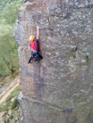 Rob on Brown`s Eliminate E2 5C @ Froggatt.Bold moves above the gear!