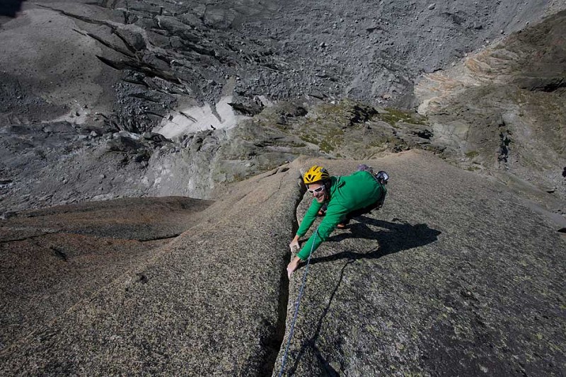 Fredrik Ericsson climbing (with Matt Helliker) on Majorette Thatcher on the Aiguille Blatiere.  © Jon Griffith