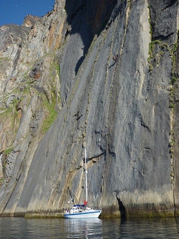 Bob not hesitating to put his boat on the line for the ascent. Ben and Sean at the first belay.  © Devil's Brew Expedition