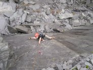 Josie seconding the FA of the fine ramp on the 1st pitch of "A grand day out" F6b