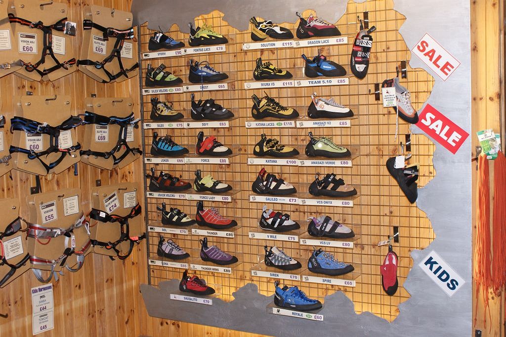 A typical selection of rockshoes at a modern climbing shop  © paul lewis