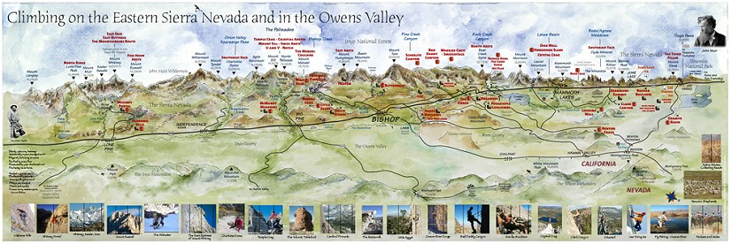 Climbing on the Eastern Sierra Nevada and in the Owens Valley: Watercolour, line, photos.  © Mick Ryan