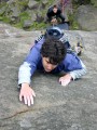 Cecile on the crux moves of Pot Black (E2 5b), Stanage Plantation