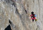 The short though superb 6c+ 7th pitch of Bada Boom, les Perrons de Vallorcine, during the first ascent.
