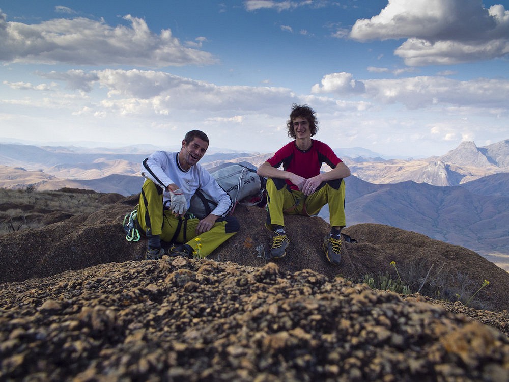 Pietro dal Pra and Adam Ondra on the summit of Karambony, on top of Tough Enough.  © Pietro dal Pra