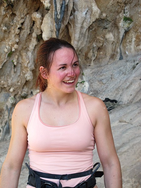Emma Twyford looking tired but happy after her successful onsight of Aegialis (F7c), Kalymnos  © Neil Foster