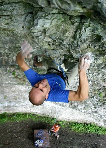 Adrian Berry on the final moves of Rubicon (F7a) at the eponymous crag  © http://Climbers.net