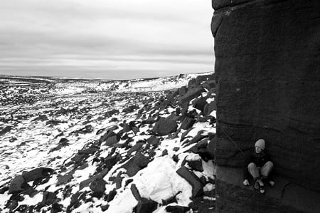 James making his young ascent of Equilibrium (E10) at Burbage  © Alex Messenger