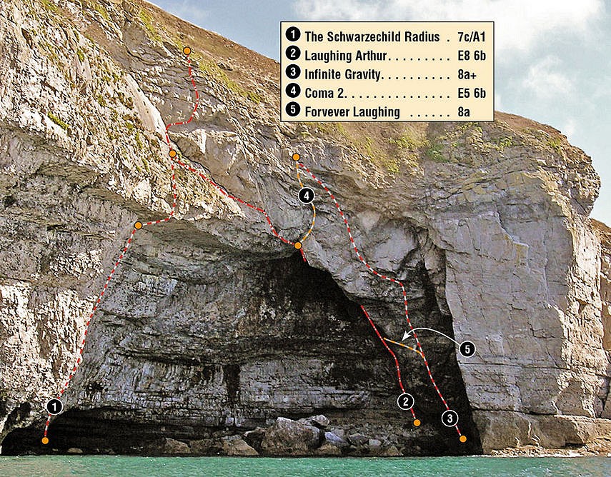 The routes in Blacker's Hole, Dorset