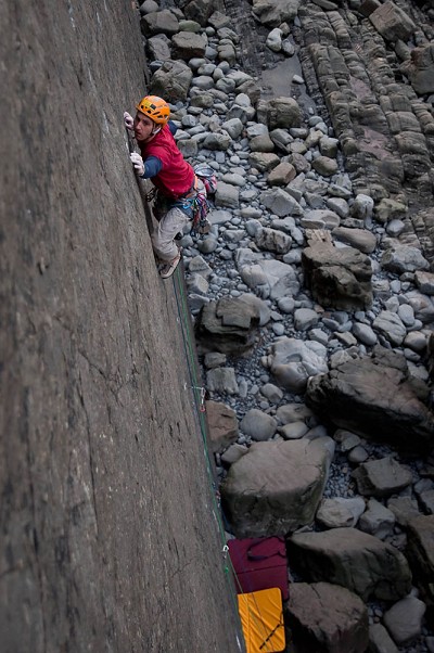 Charlie on the bold lower section before the first decent gear at about 10m.  © Simon Wilson