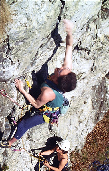 Jimbo beginning up Marjorie Razorblade (before the real fun starts!) on the upper cave crags in Dunkeld