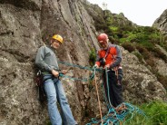Gaz and Sir Chris Bonington just before the hand traverse pitch of Corvus