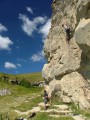 Chris Parker climbing Ammonitemare, Hedbury - Belayer Ben Thorne