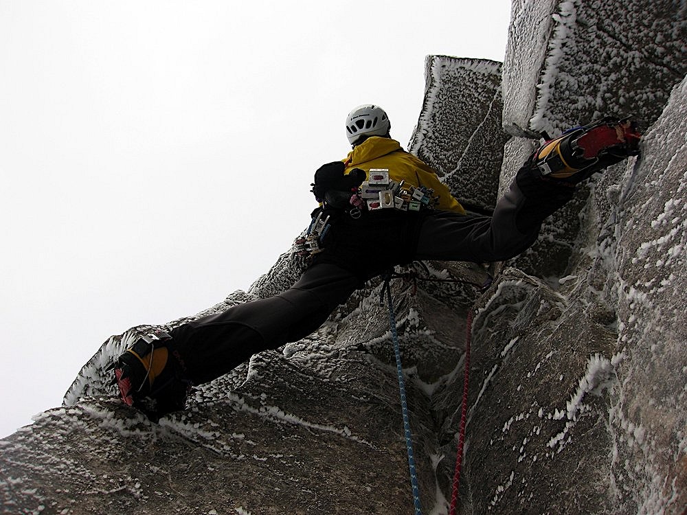 Lightweight boots, monopoint crampons and a big rack - 21st century climbing kit makes it all easier!  © S. Ashworth