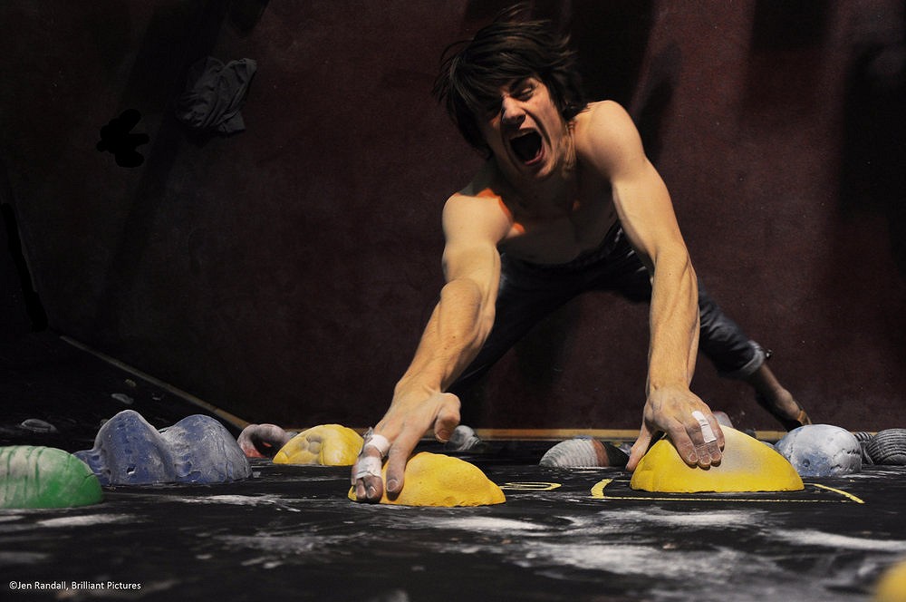 Alex Gorham digging deep at Glasgow Climbing Centre's first boulder comp of the season.  © Jen Randall, Brilliant Pictures