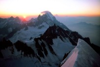 An alpine dawn: looking out from the snow arete on the Brenva spur