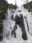 Nick Mattia top-roping Waterfall Swallet Main wall. Top roped because ice was thin and large pieces had fallen. 23rd Dec 2010