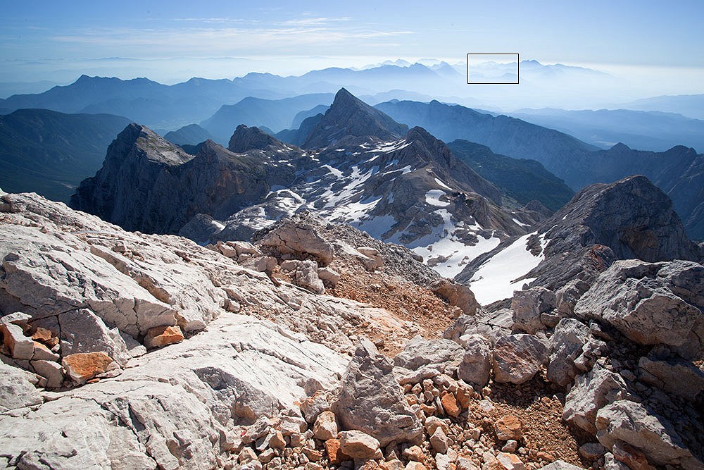 The wide angle shot of the view taken on the way to the summit of Triglav: boxed out is the section Duncan zoomed into.  © Duncan Andison
