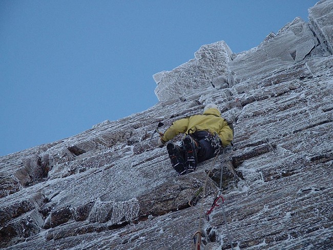Steve Ashworth making the first winter ascent of Snickersnack - Gable Crag  © Steve Ashworth Collection